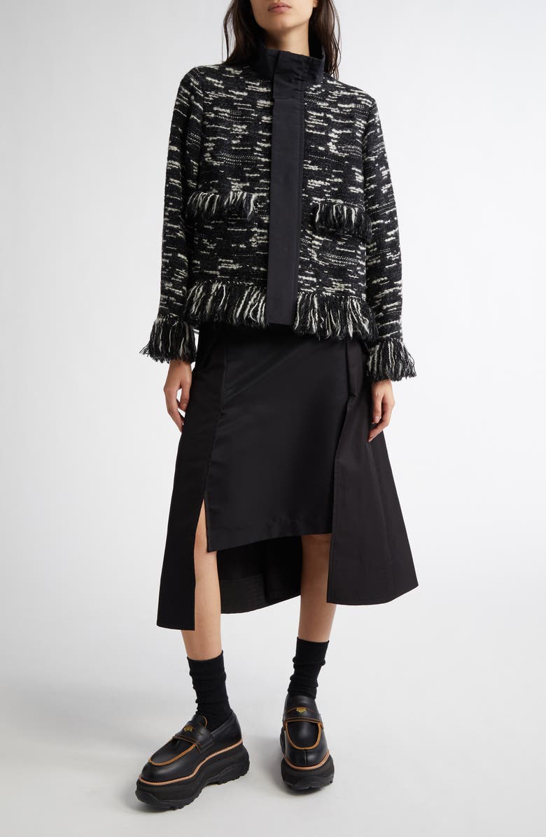 Sacai Mixed Media Fringe Wool Blend Tweed Jacket, Alternate, color,