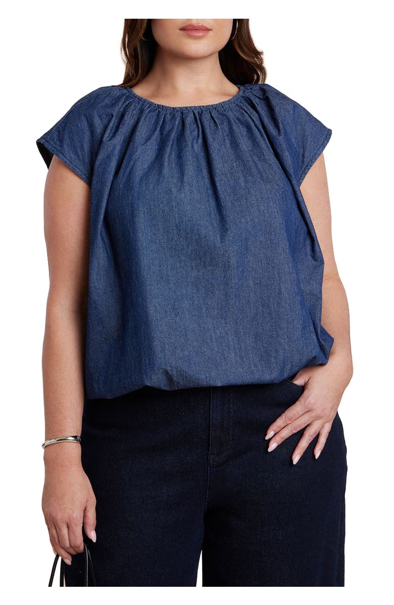 ELOQUII Bubble Chambray Top, Main, color, Navy