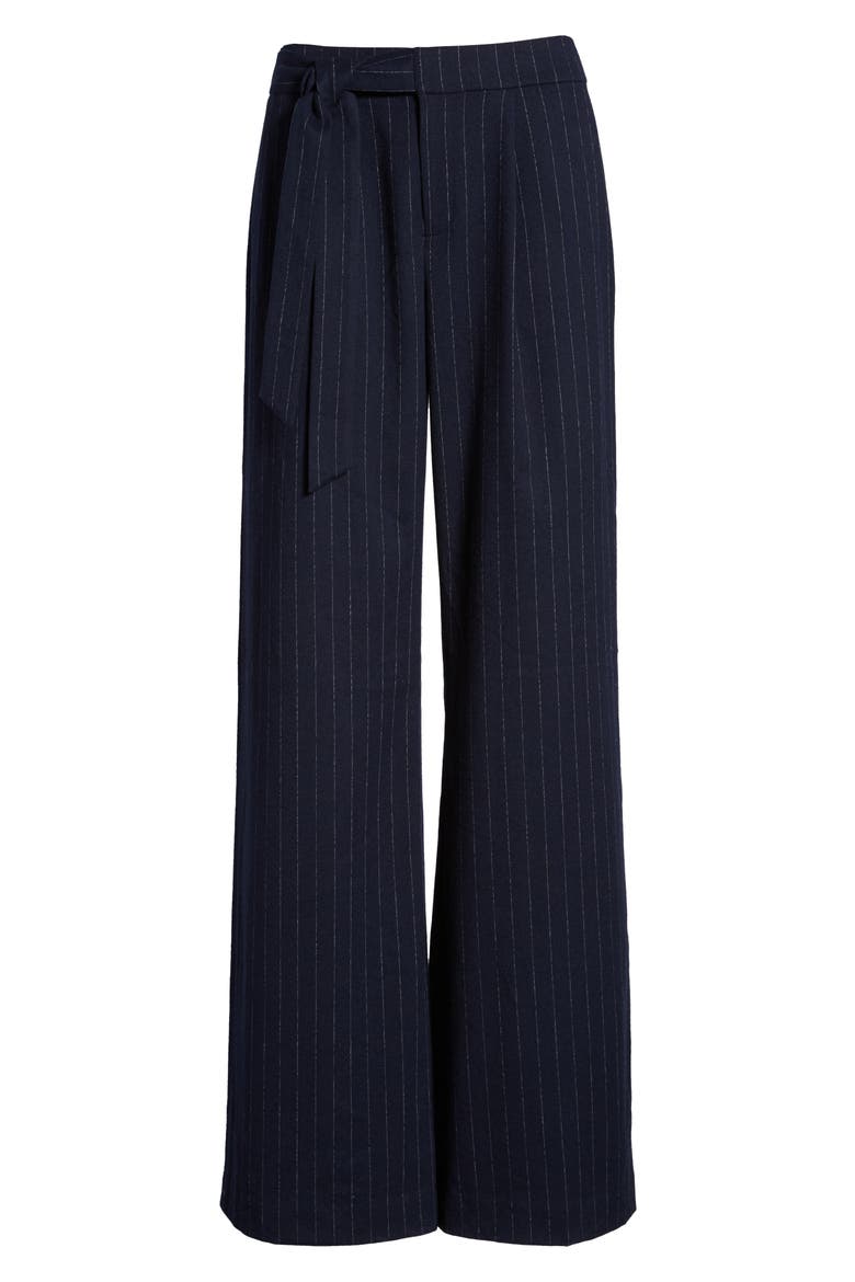 Tie Waist Wide Leg Stretch Crepe Pants, Alternate, color, NAVY CHALK STRIPE