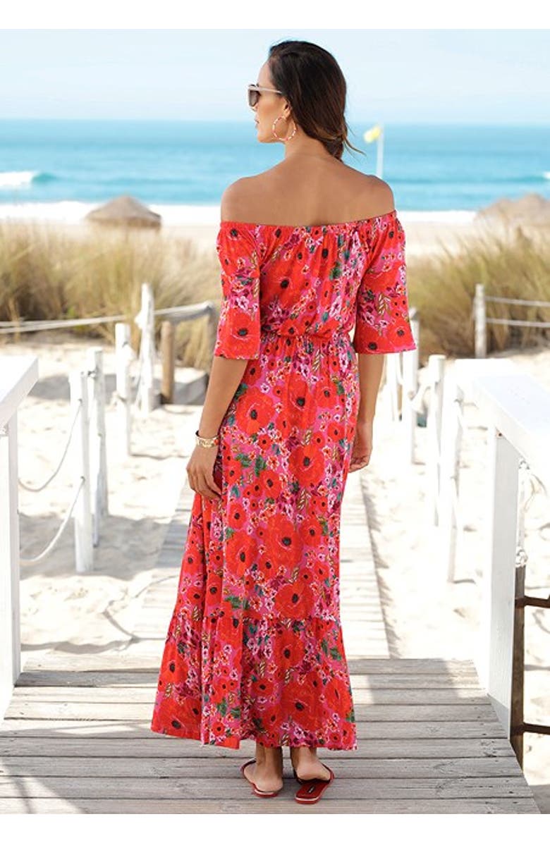 LASCANA Women's Off Shoulder Printed Maxi Dress, Alternate, color, Multi
