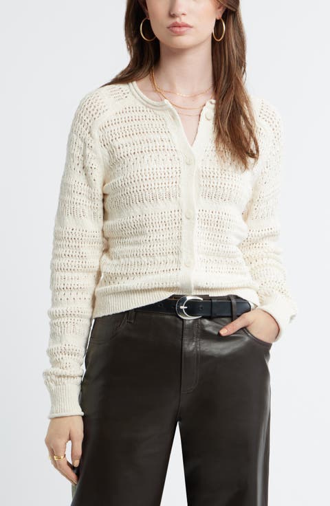 Stripe Pointelle Knit Button Front Cotton Cardigan