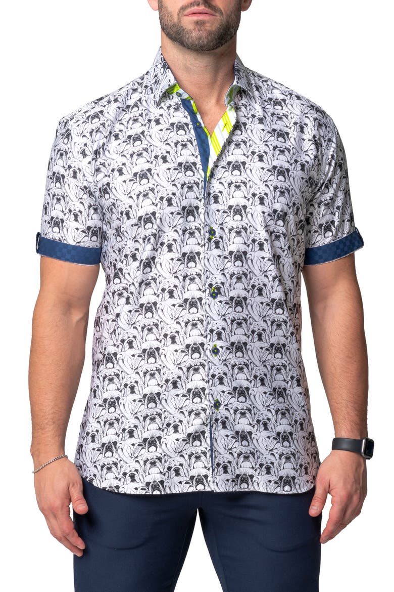 Galileo Bulldog White Contemporary Fit Short Sleeve Button-Up Shirt, Alternate, color, WHITE