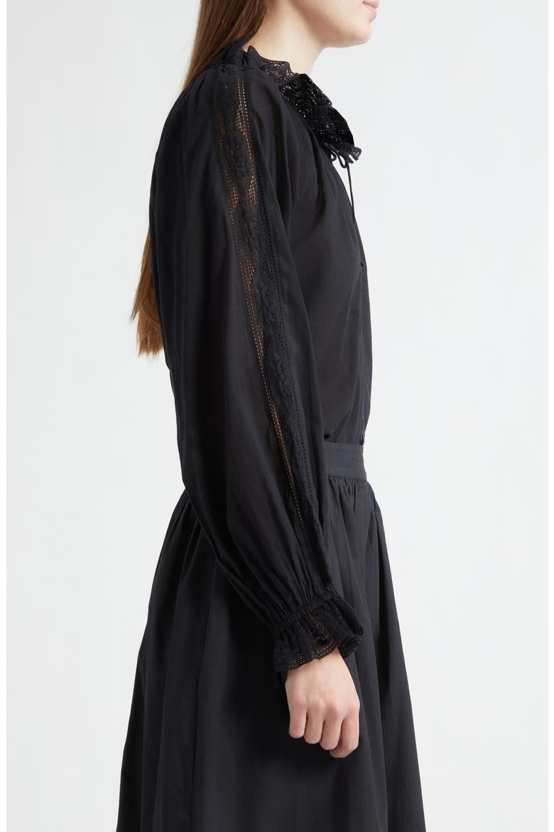 Annette Lace Detail Cotton Button-Up Shirt, Alternate, color, BLACK