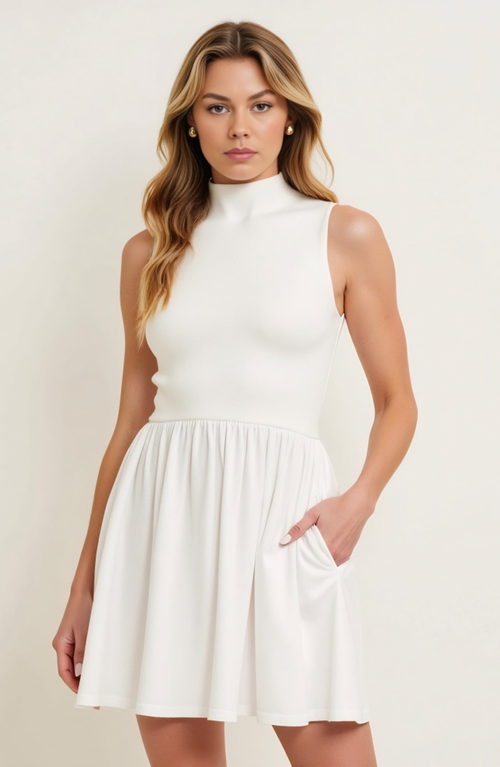 Modenaire Mock Neck Sleeveless Mini Dress With Gathered Skirt And Pockets