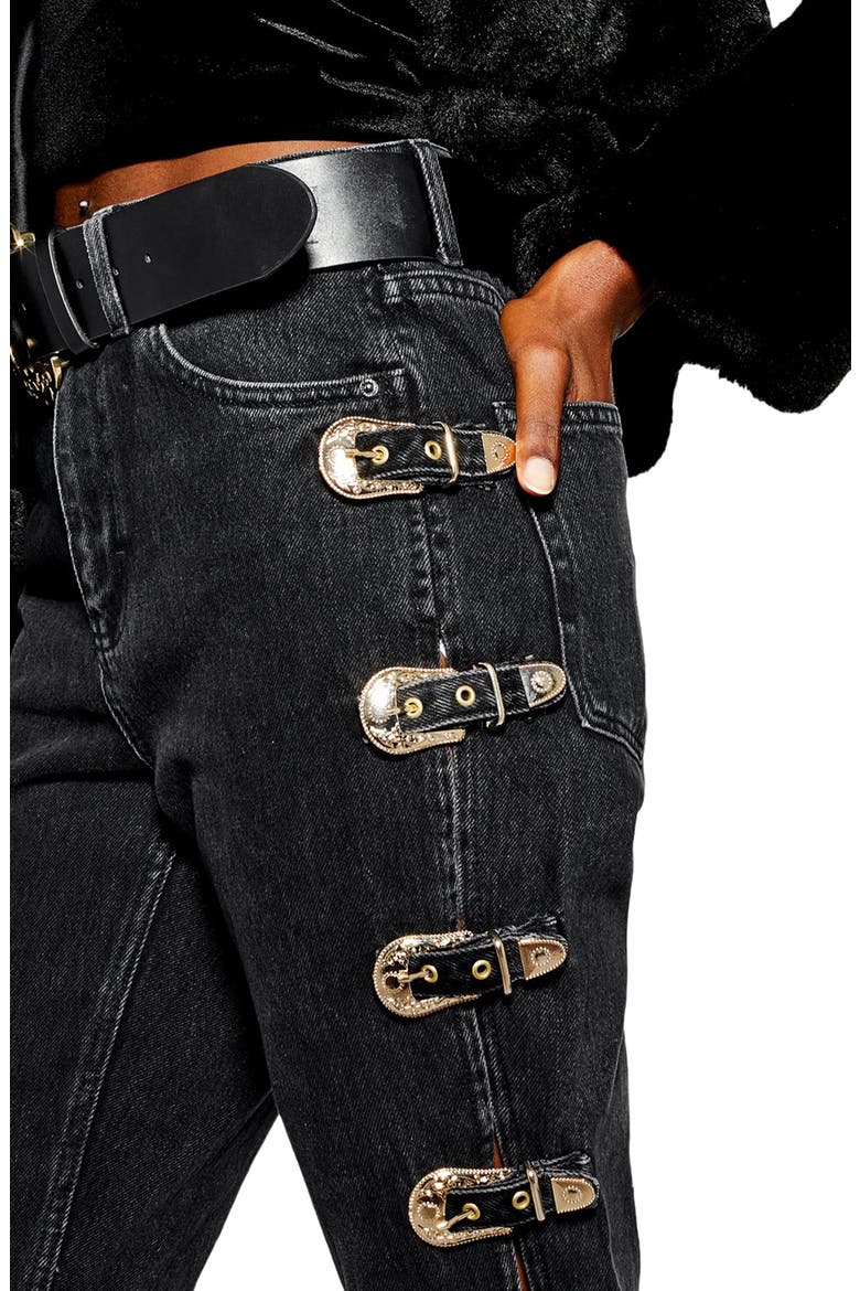 High Waist Side Buckle Mom Jeans, Alternate, color, BLACK