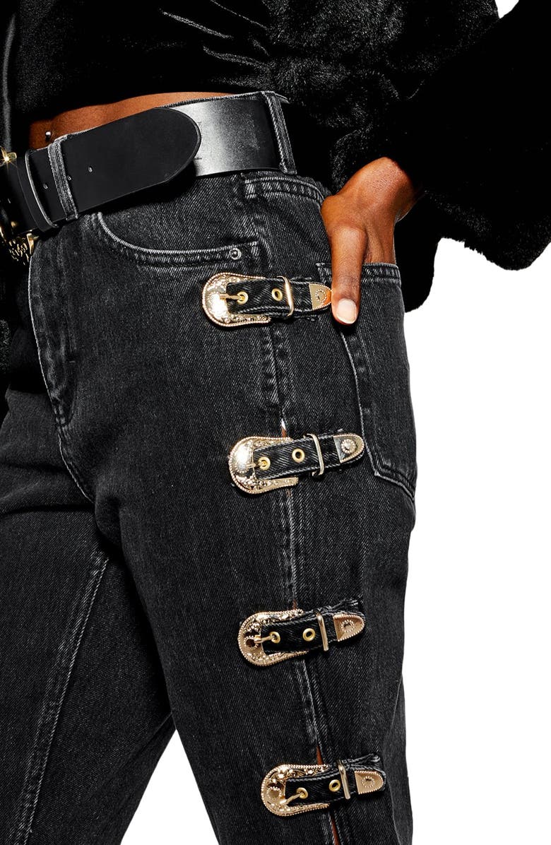 Topshop High Waist Side Buckle Mom Jeans, Alternate, color, 