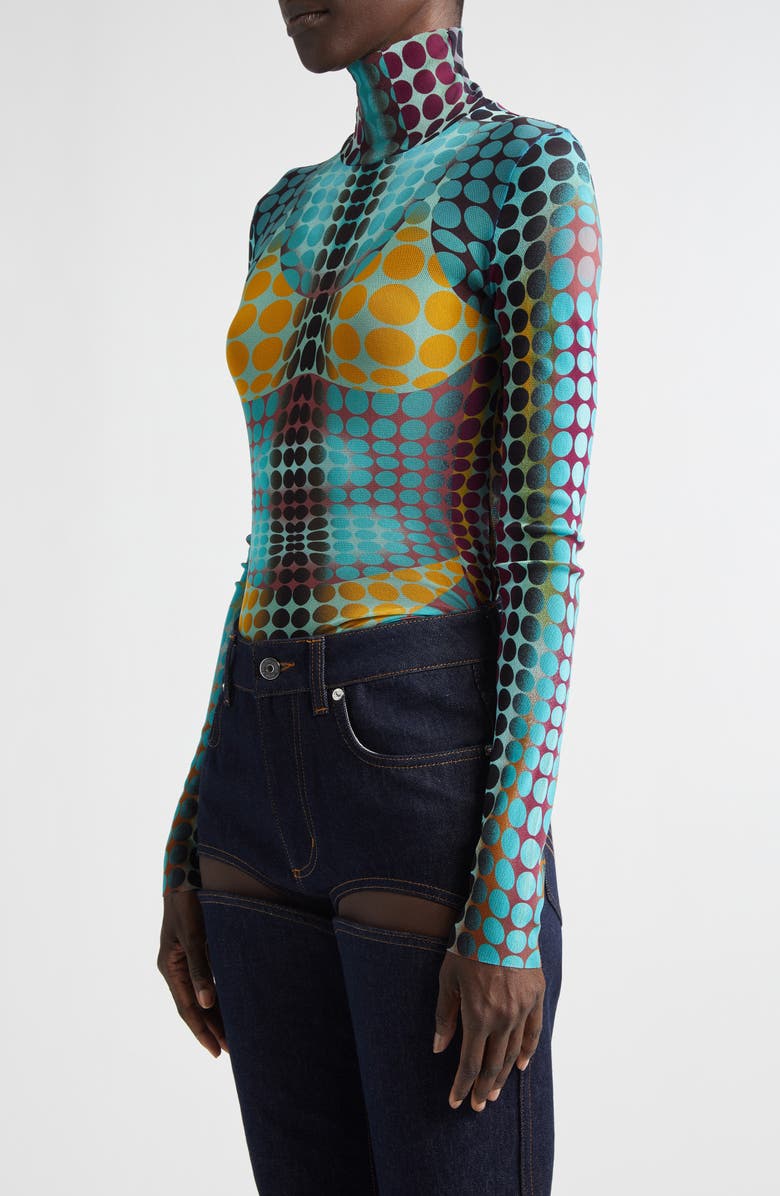 Jean Paul Gaultier Re-Edition Polka Dot Trompe l'Oeil Long Sleeve Mesh Top, Alternate, color, Blue/ Purple/ Yellow