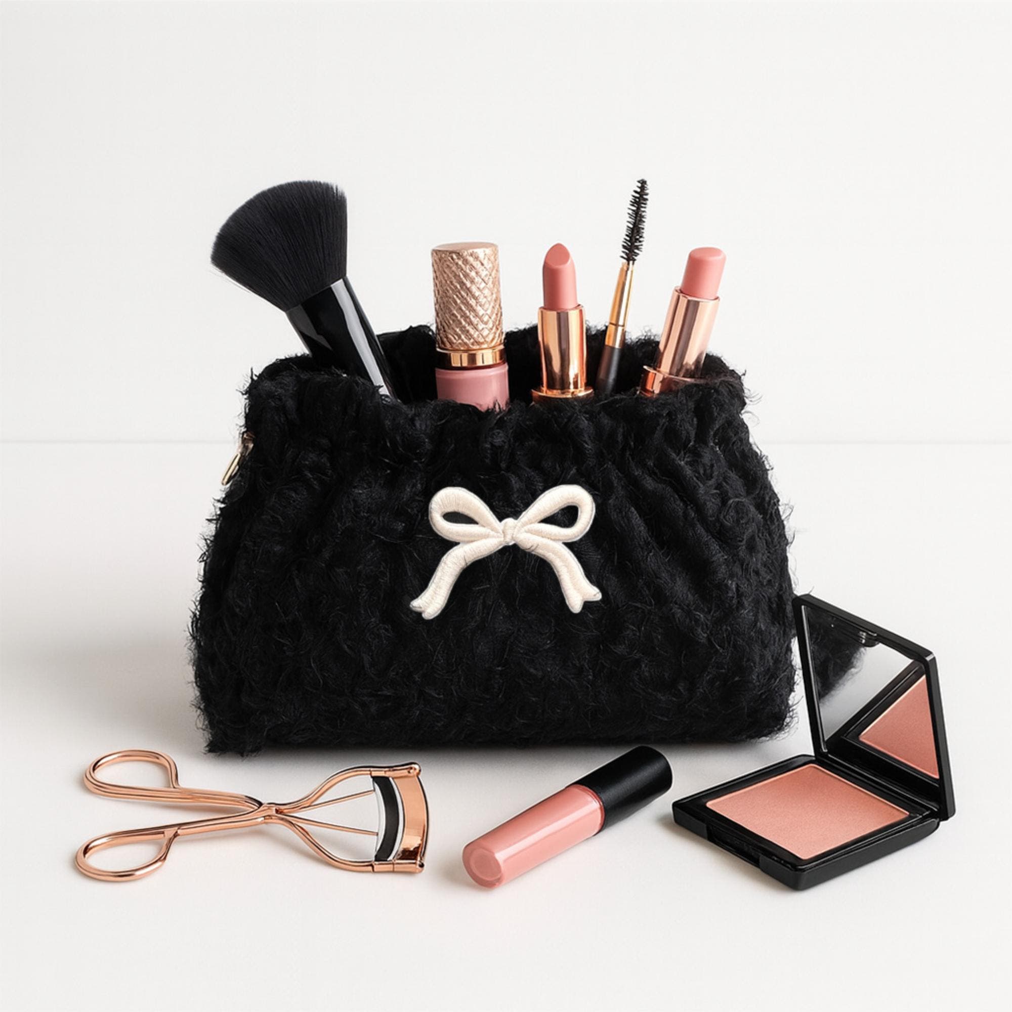 URBAN EXPRESSIONS HANDBAGS Fluffette Cosmetic & Travel Organizer Pouch, Main, color, Black Cream