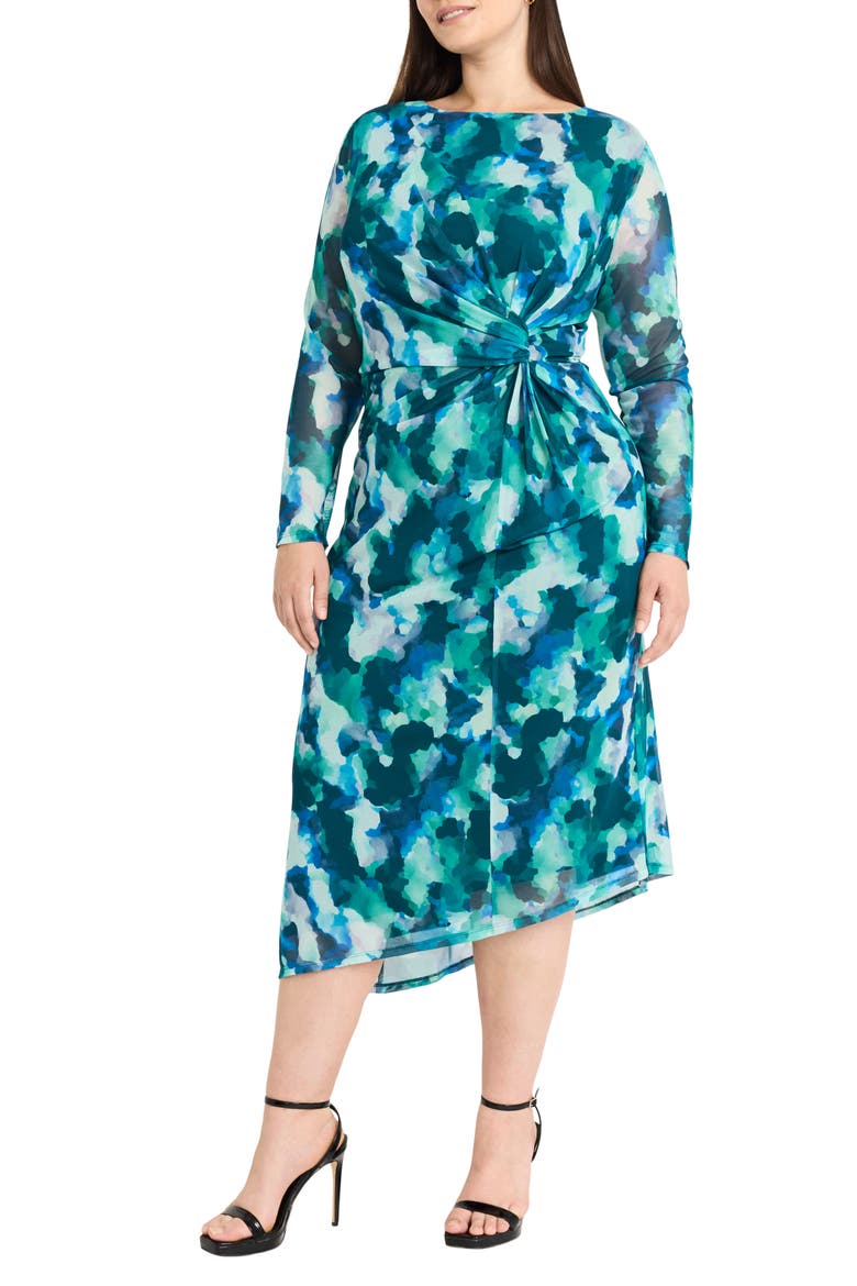 Abstract Print Long Sleeve Asymmetric Knit Dress, Alternate, color, MINT/TEAL