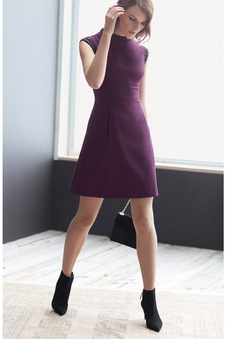 Embellished Crepe Fit & Flare Dress, Alternate, color, AUBERGINE