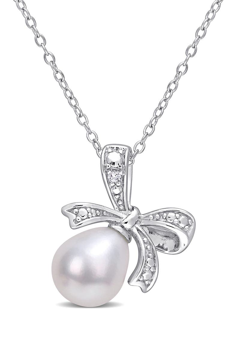 Freshwater Pearl & Diamond Bow Pendant Necklace - 0.01ctw, Main, color, WHITE