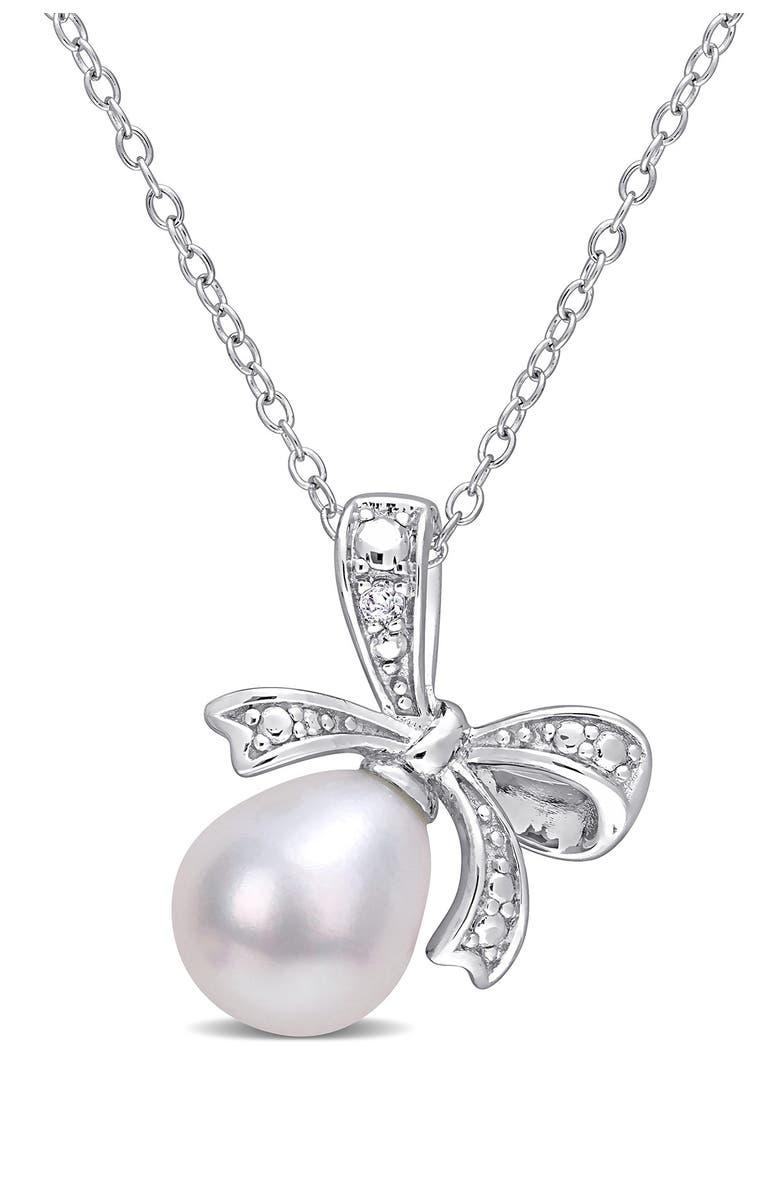 DELMAR Freshwater Pearl & Diamond Bow Pendant Necklace - 0.01ctw, Main, color, White