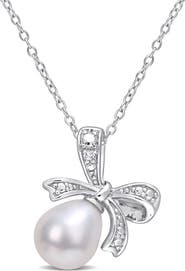 DELMAR Freshwater Pearl & Diamond Bow Pendant Necklace - 0.01ctw