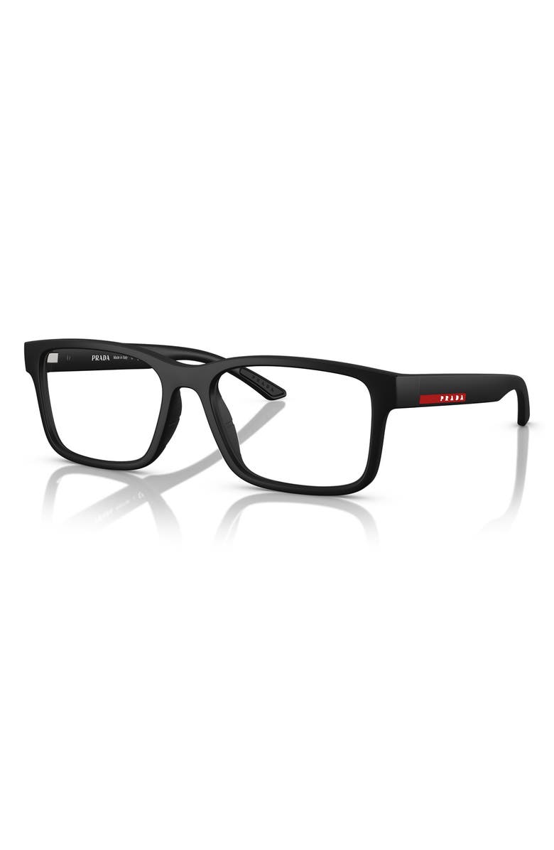 Prada Linea Rossa 56mm Rectangular Optical Glasses, Alternate, color, Rubber Black