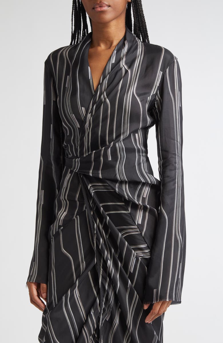 Rick Owens Long Sleeve Satin Wrap Dress, Alternate, color, Black/ Pearl