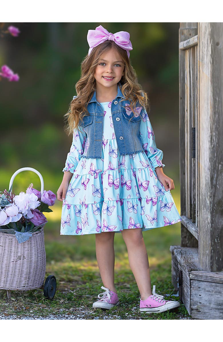 Mia Belle Girls Girls Give Me Butterflies Denim Vest And Dress Set, Alternate, color, 