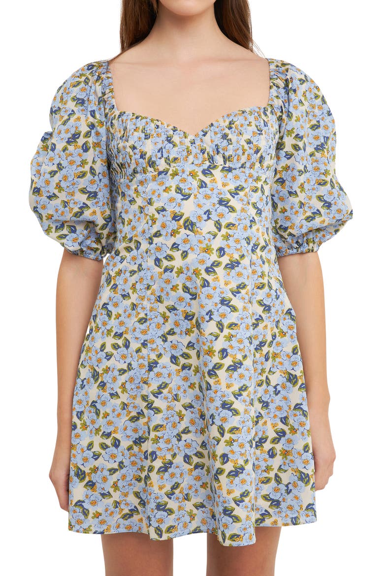 Floral Print Pintuck Puff Sleeve Minidress, Alternate, color, BLUE MULTI
