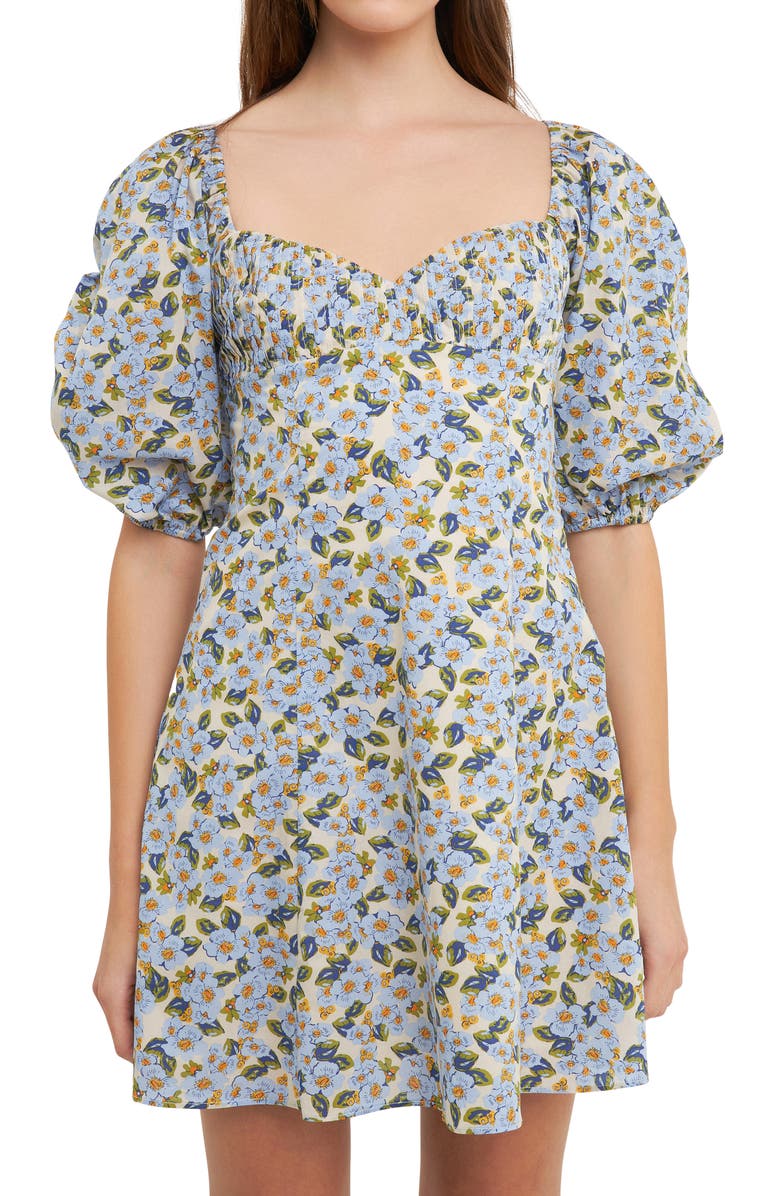 Endless Rose Floral Print Pintuck Puff Sleeve Minidress, Alternate, color, Blue Multi