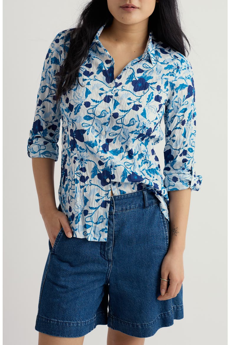 Larissa Floral Crinkled Organic Cotton Button-Up Shirt, Main, color, WINDING MEADOW BLUE FOG