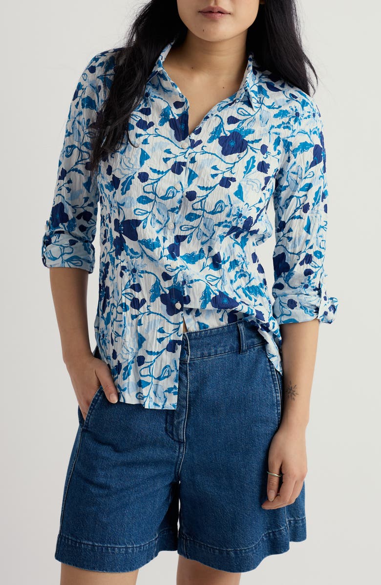 Seasalt Cornwall Larissa Floral Crinkled Organic Cotton Button-Up Shirt, Main, color, Winding Meadow Blue Fog