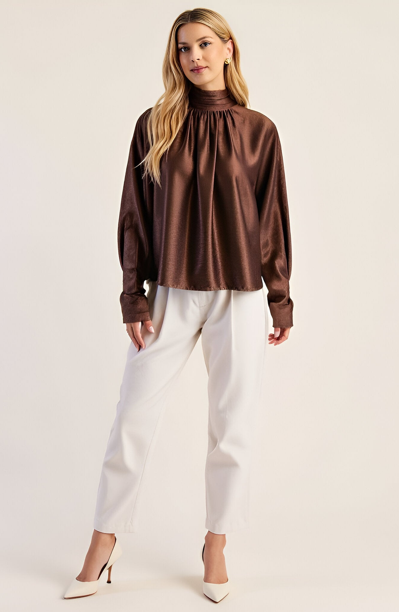 Modenaire Satin Long Sleeve Blouse with Gathered Neckline and Tie Back Bow, Alternate, color, Brown