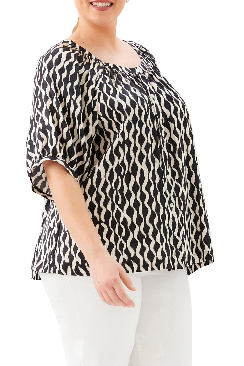 Print Satin Button-Up Peasant Top, Alternate, color, PRINT