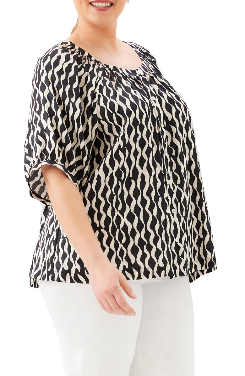 Karen Kane Print Satin Button-Up Peasant Top, Alternate, color, Print