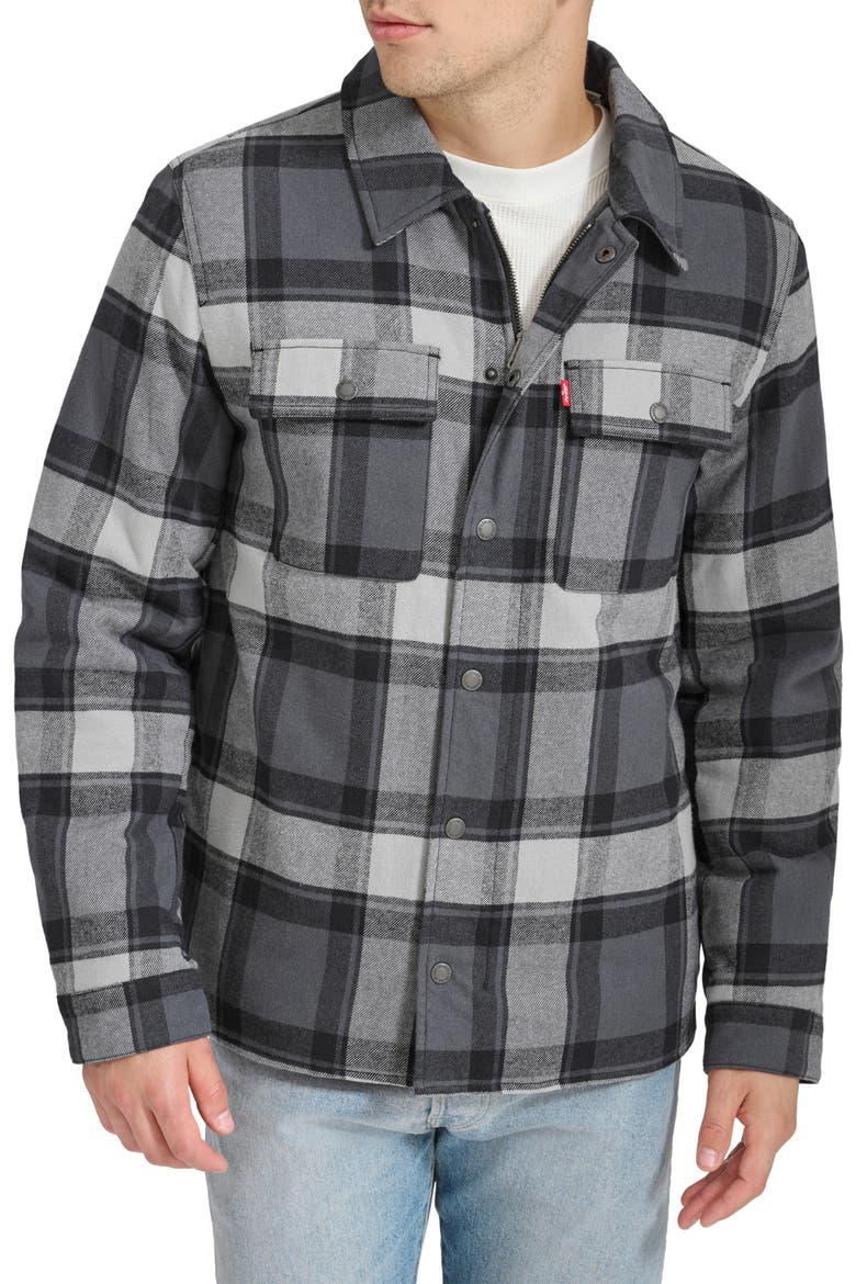 Quilt Lined Cotton Shacket, Main, color, GREY/ BLACK/ WHITE MULTI