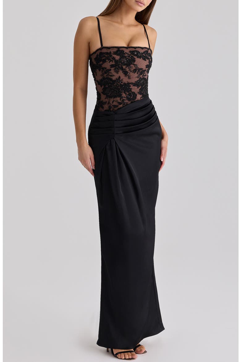 Eliette Lace & Satin Column Gown, Alternate, color, BLACK