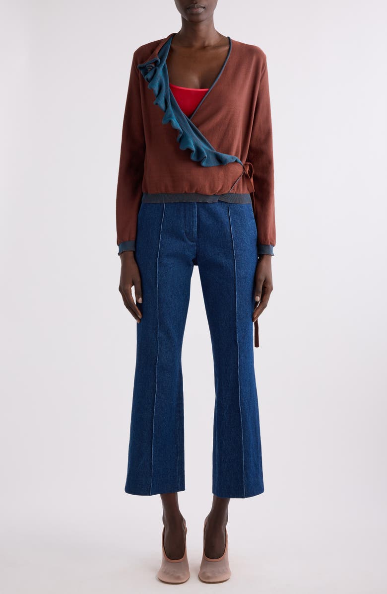 Dries Van Noten Two-Tone Ruffle Wrap Cardigan, Alternate, color, Brown