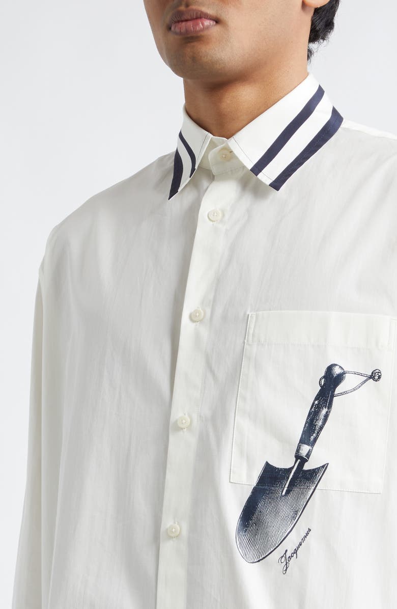 Jacquemus La Chemise Camargue Cotton Button-Up Shirt, Alternate, color, Blue Shovel Placement Print