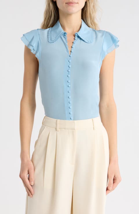 Martel Flutter Sleeve Silk Button-Up Top