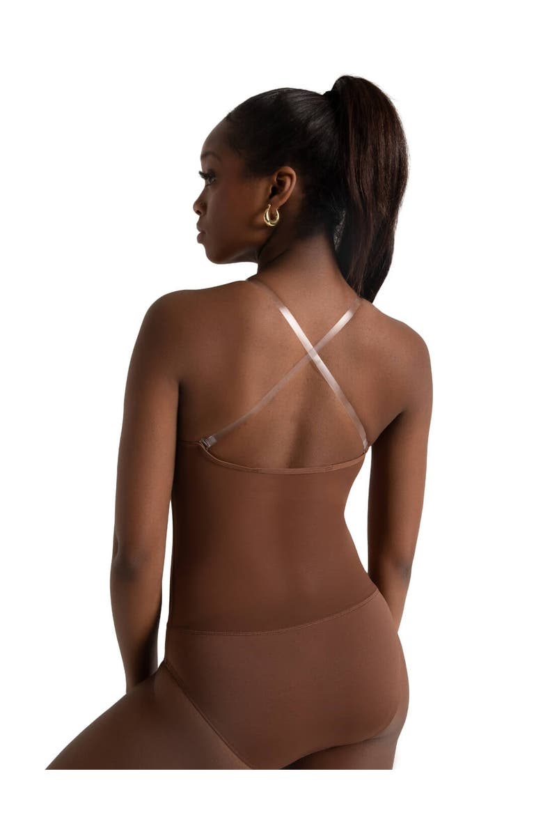 Plunge Neck Mesh Midriff Leotard, Alternate, color, dark beige