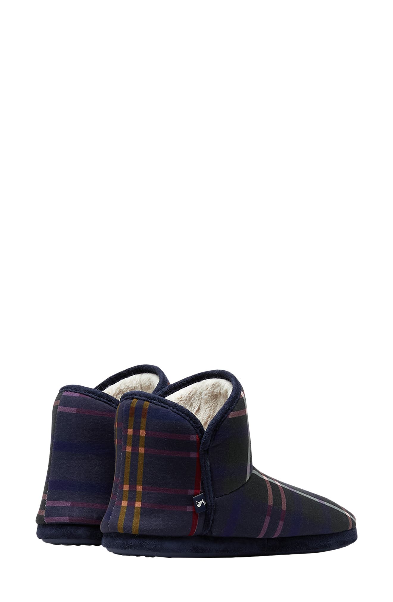 Cabin Faux Fur Lined Bootie Slipper, Alternate, color, NAVY MULTI CHECK