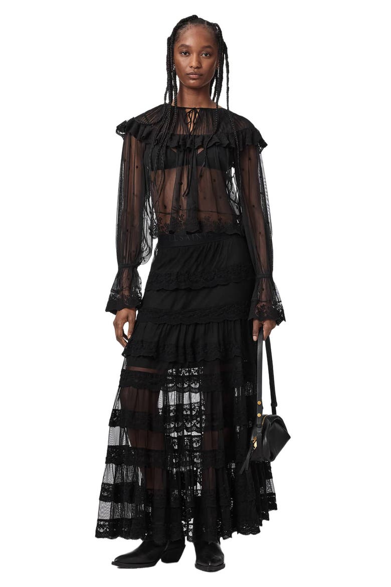 Maggie Lace Ruffle Maxi Skirt, Alternate, color, BLACK