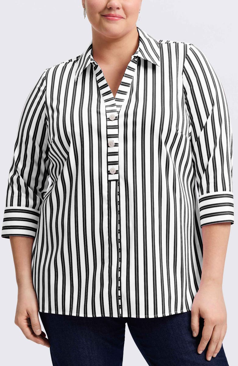 Foxcroft Pamela Stripe Cotton Blend Tunic Shirt, Main, color, Black/ White