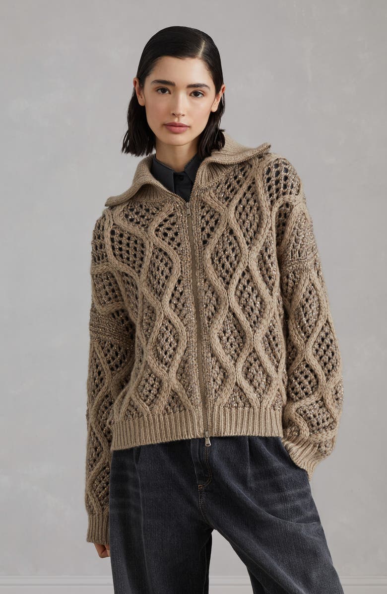 Brunello Cucinelli Dazzling Net & Cable cardigan, Alternate, color, 