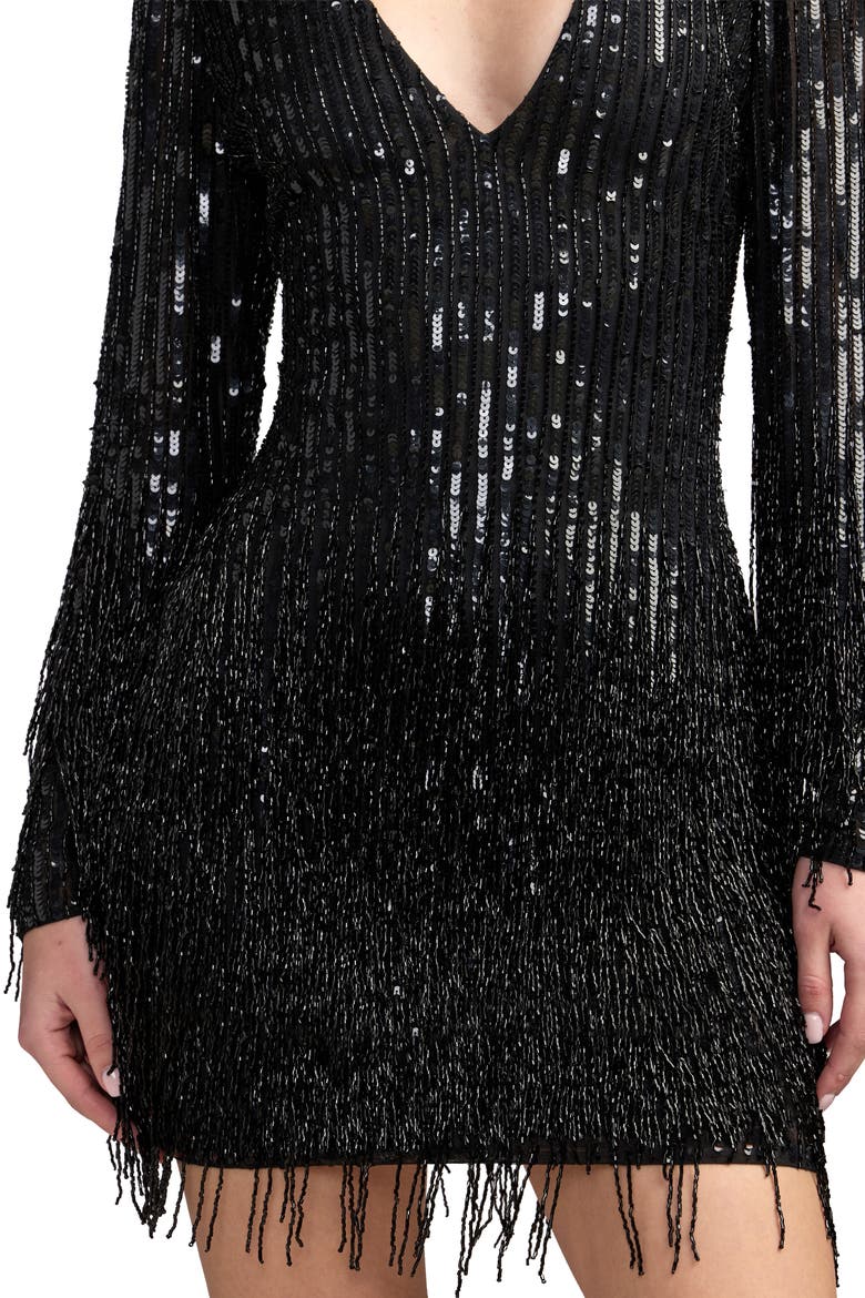 Long Sleeve V-Neck Beaded Fringe Mini Dress, Alternate, color, Black