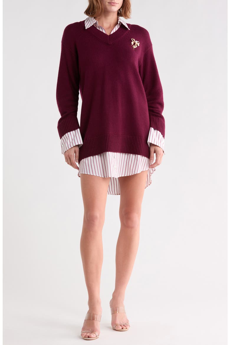 Santina Brooch Layered Sweater Dress, Main, color, BORDEAUX/ WINE STRIPE
