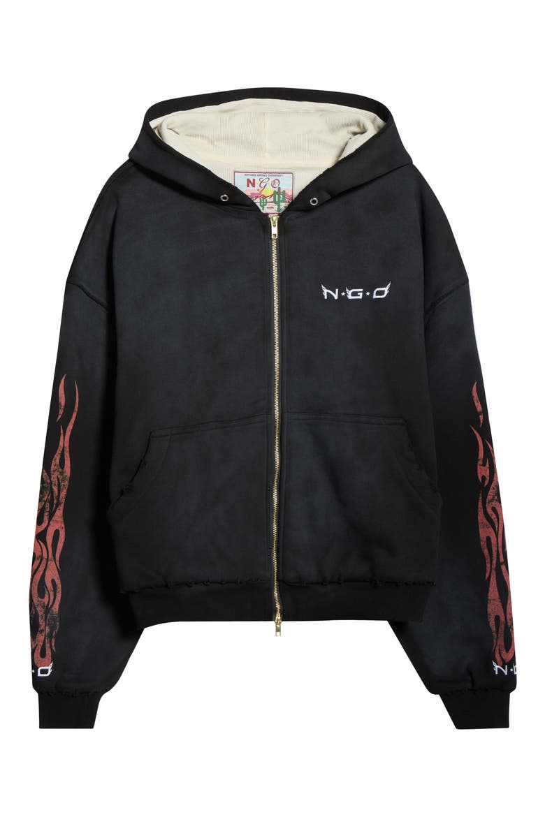 Flame Logo Zip Front Hoodie, Alternate, color, BLACK