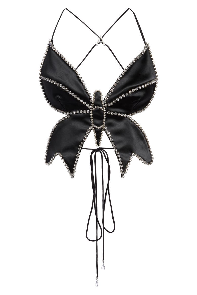 Crystal Butterfly Satin Crop Top, Main, color, BLACK