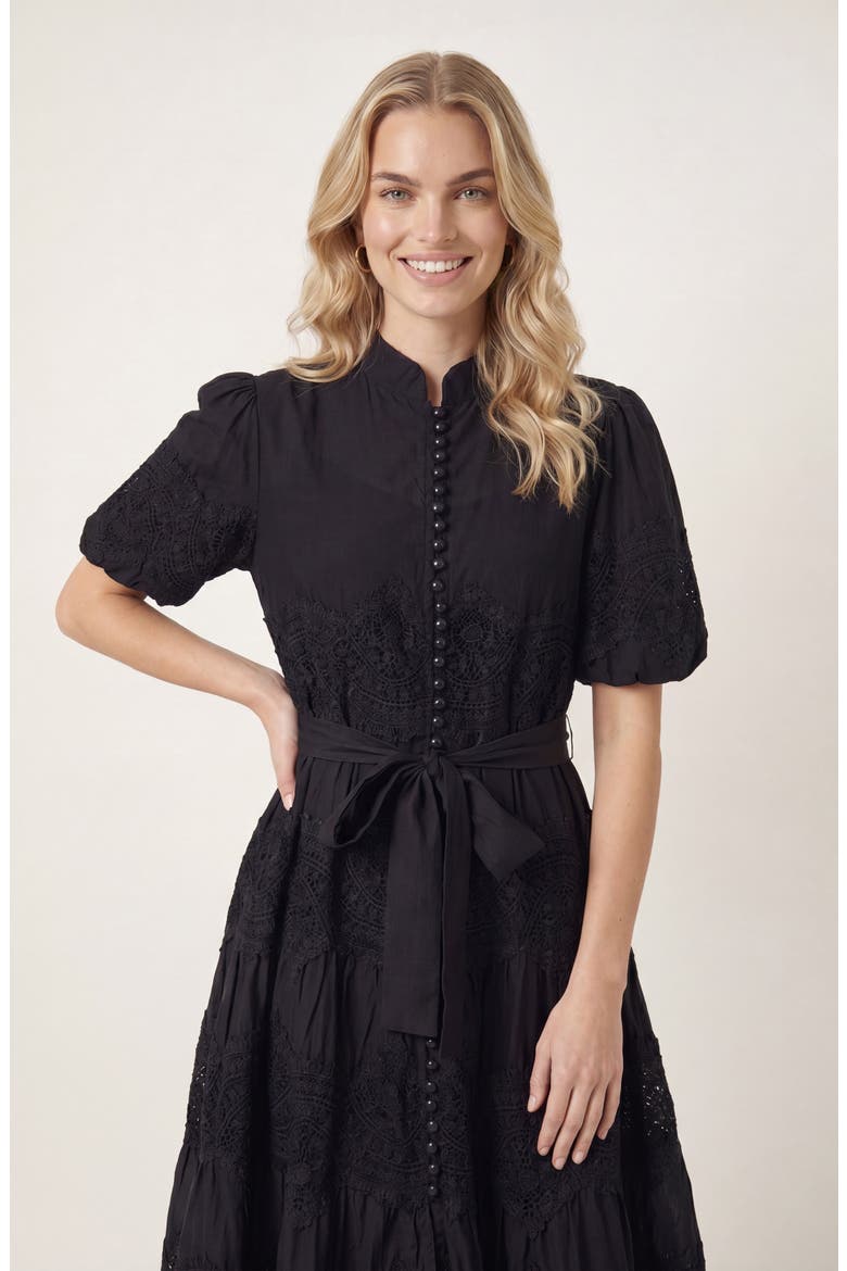 Lace Trim Puff Sleeve Midi Dress with Waist Tie, Alternate, color, Black