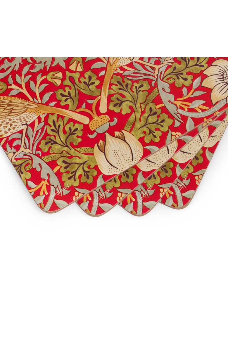 Strawberry Thief Red Set of 4 Cork Back Placemats, Alternate, color, Strawberry Thief Red