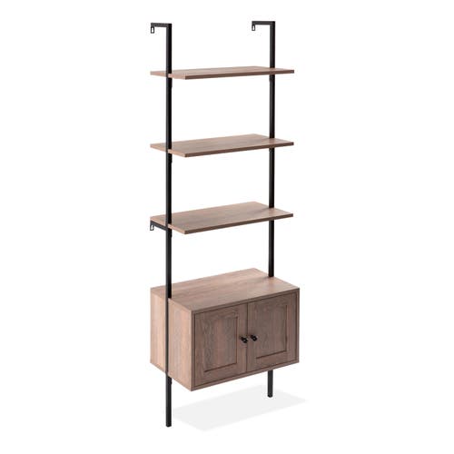 Happimess Tulare 72.05" Midcentury Industrial 4-shelf Wood Wall-mounted Open Ladder Bookcase With Ca In Brown/black