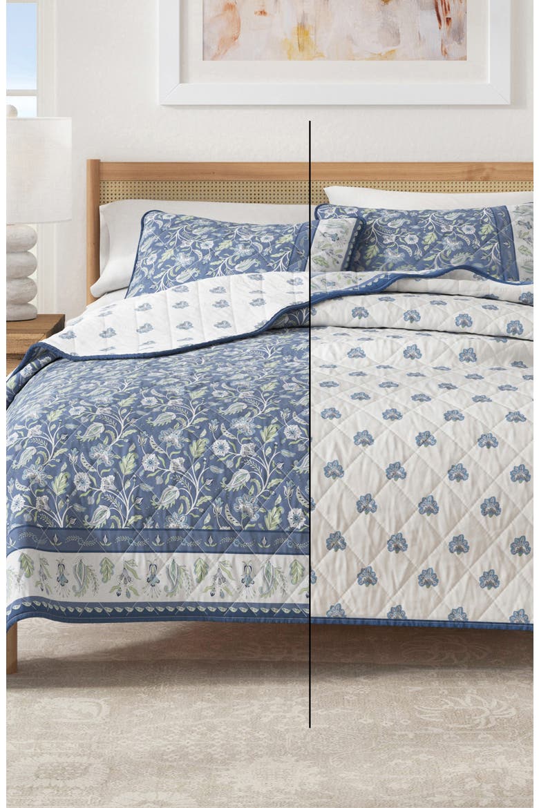 Boho Block Print Floral Cotton Quilt & Sham Set, Alternate, color, REGAL GARDEN - BLUE