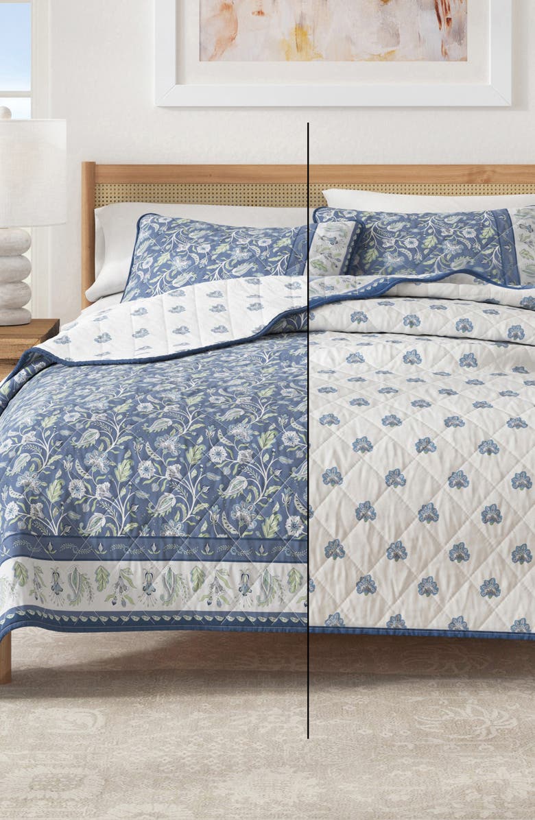 Woven & Weft Boho Block Print Floral Cotton Quilt & Sham Set, Alternate, color, Regal Garden - Blue