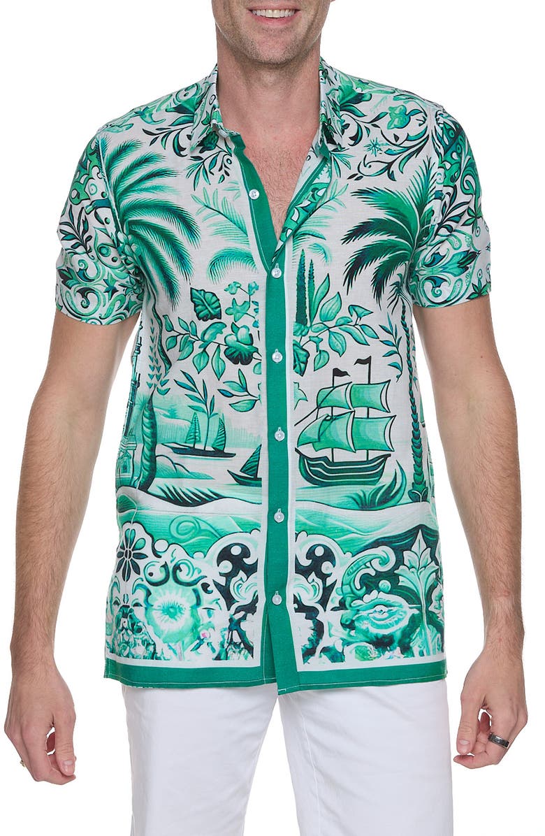RANEES Printed Linen & Cotton Shirt, Main, color, Emerald