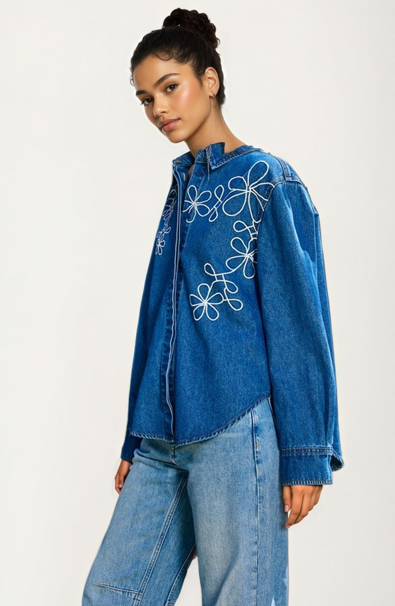 Knit and Lounge Oversized Denim Shirt with Floral Embroidery, Alternate, color,
