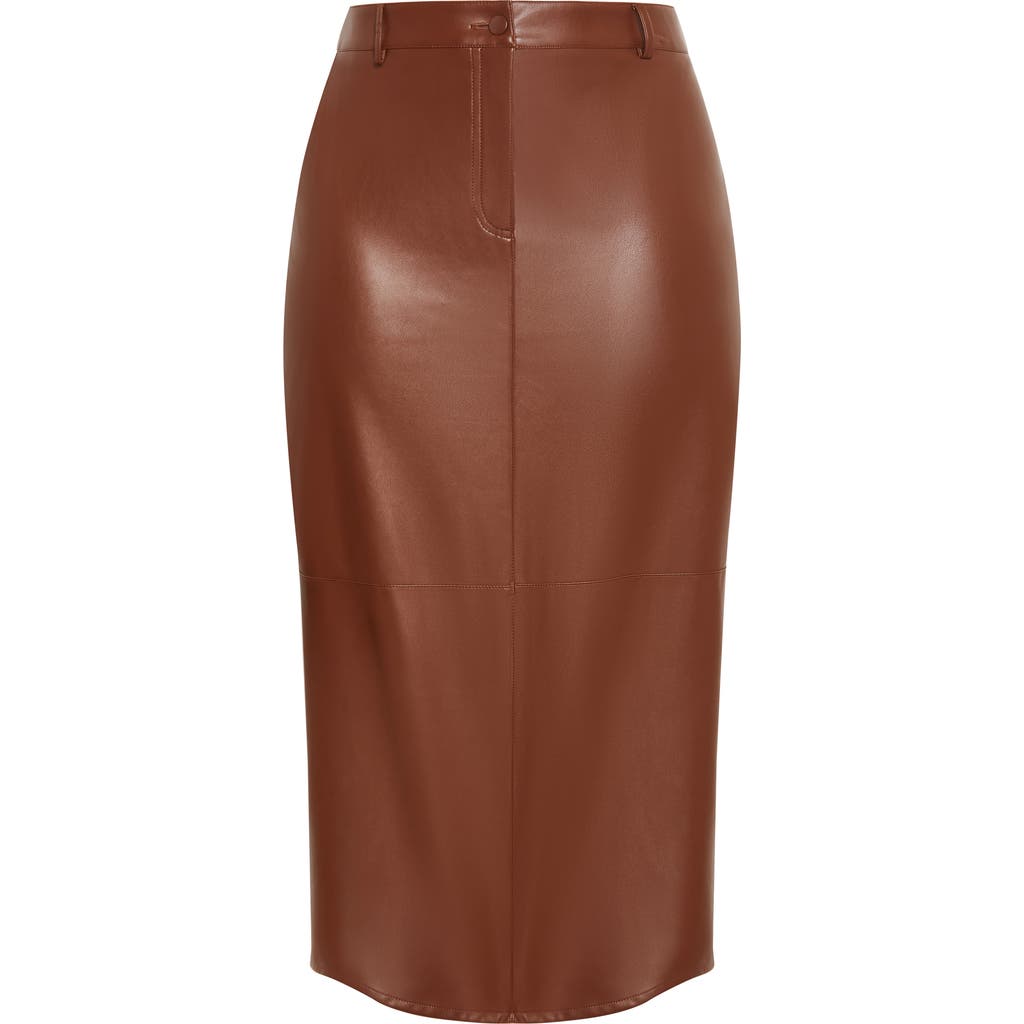 City Chic Aylani Faux Leather Midi Pencil Skirt In Brown