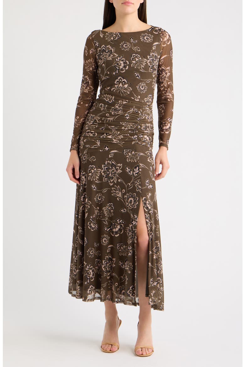 Paisley Long Sleeve Mesh Maxi Dress, Main, color, OLIVE